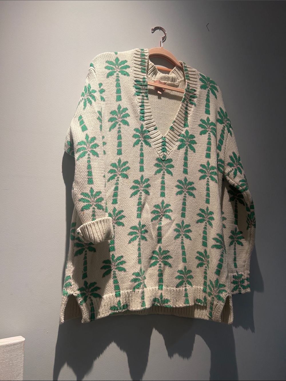 Show Me Your MuMu Cream V-Neck Sweater with Green Palm Print